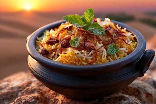 Hyderabadi biryani handi pot garnished with fried onions and mint set against desert dunes at sunset warm golden hour lighting cinematic food photography