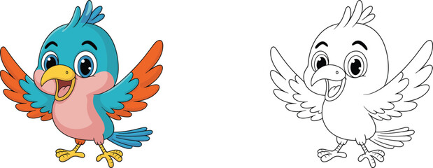 Cute cartoon bird character with coloring page outline, happy flying bird mascot illustration for kids coloring book, educational activity and children design © Sophia Creatives