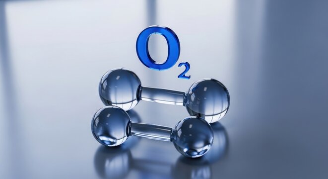 Glossy oxygen molecule model with blue O2 symbol above on a gray surface