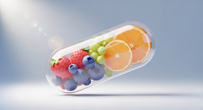 Fruit and berries inside a clear, elongated capsule, illuminated