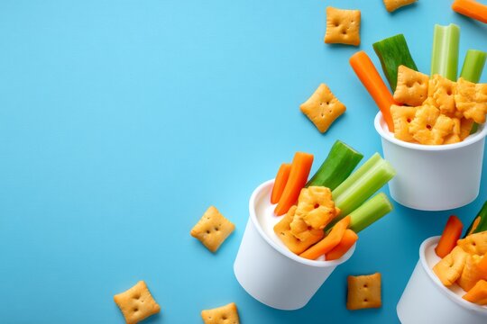 Colorful Snack Cups with Cheese Crackers and Veggie Sticks on Blue
