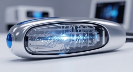 Obraz premium Sleek handheld diagnostic tool features internal glowing circuitry.