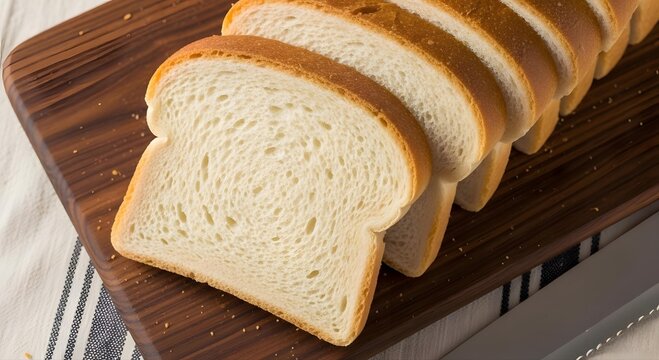 Slices of fresh white sandwich bread lined up on a wooden cutting board ready for toasting or making sandwiches