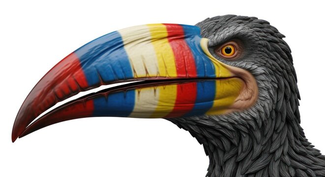 Exotic toucan profile features a highly colorful painted beak.