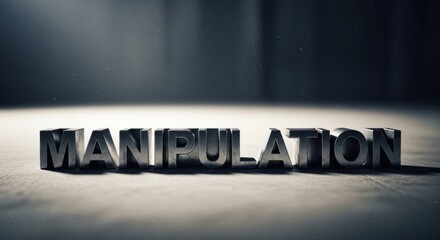 Metal word "MANIPULATION" lies on a surface, dimly lit, blurred background