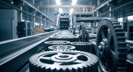 Metallic cogs and gears on a conveyor belt in a blurred, bright factory