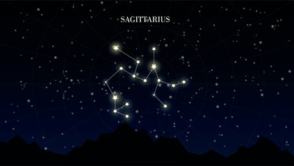 Sagittarius zodiac constellation on a dark night sky background with stars, astrology, astronomy vector design elements © Evelin