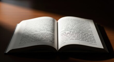 Open book with Arabic script lies on a wooden surface in soft, directional light