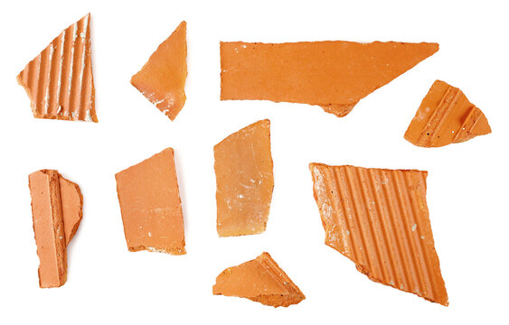 Set shattered bricks isolated on white background, top view, design elements