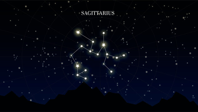 Sagittarius zodiac constellation on a dark night sky background with stars, astrology, astronomy vector design elements