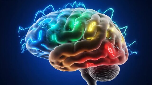 Stylized Brain Animation with Colorful Sections and Electric Pulses on Dark Blue Background Visualization