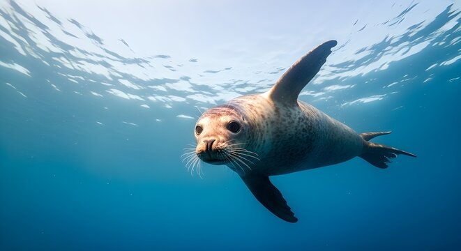 A seal swims underwater with its flippers outstretched in a clear blue ocean.