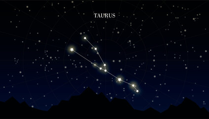 Taurus zodiac constellation on a dark night sky background with stars, astrology, astronomy vector design elements © Evelin