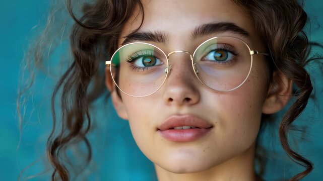 Young smart female with curly hair and glasses poses against a vibrant blue background, showcasing a blend of confidence and intellect in a casual indoor setting