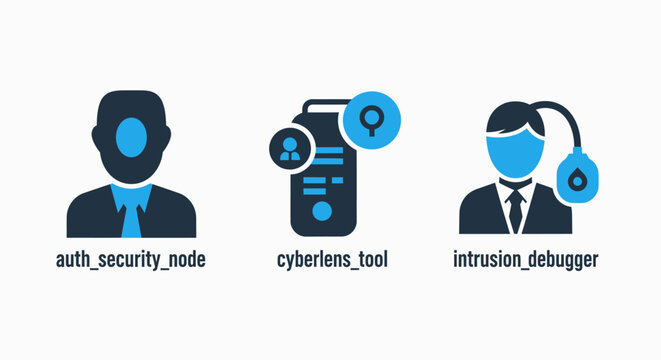 Icons for authentication security node, cyber lens tool, and intrusion debugger. Visuals for cybersecurity, network analysis, and digital security concepts.