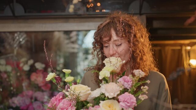 Behind scenes florist photoshoot with bouquet editorial studio vibe, model posing with floral arrangement, professional lighting with softbox and reflector, closeup on petals and stems, styling