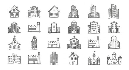 Collection of Hand Drawn Building Icons Vector Illustration.
