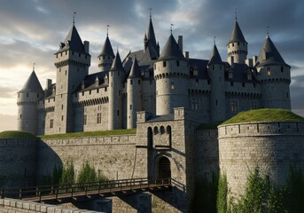 Fototapeta premium Imposing medieval fortress structure stands against a dramatic, cloudy sky at twilight