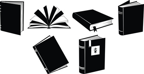 Stylized book silhouettes, open and closed, upright and tilted, minimalist black design, literature, education, reading, knowledge, study, learning, library, academic, publishing, creative icons © Habiba