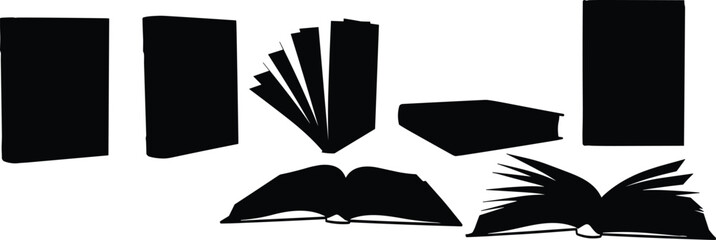 Book silhouettes in multiple orientations, open and closed, upright and flat, minimalist black design, literature, education, reading, knowledge, © Habiba