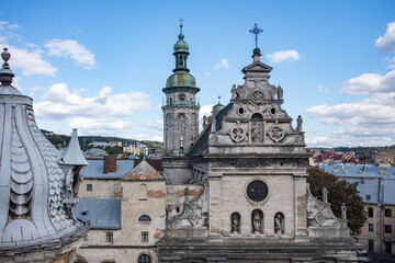 Obraz premium Facade and Bell Tower of Bernardine Church in Lviv Old Town
