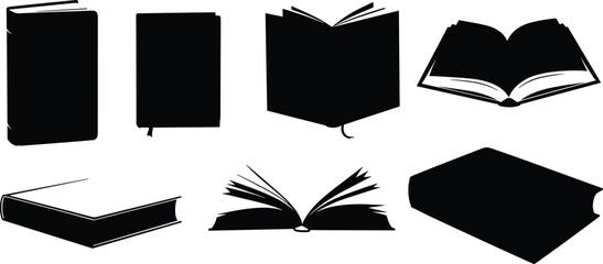 Book silhouettes in multiple orientations, open and closed, upright and flat, minimalist black design, literature, education, reading, knowledge, study, learning, library, academic © Habiba