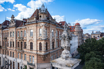 Fototapeta premium Eclectic Architecture of Lviv Old Town with Ornate Stone Column Detail