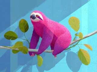 Fototapeta premium The bright pink sloth dangles upside down from a branch with its tongue out