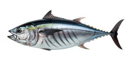 Fototapeta premium Yellowfin tuna fish with mouth open on white background