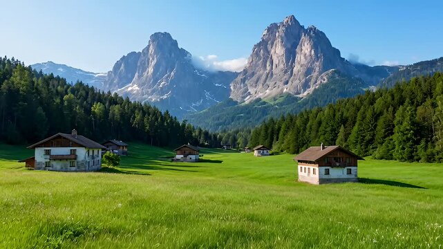 Alpine Village With Traditional Houses in a Green Meadow With Majestic Mountain Peaks in the Background