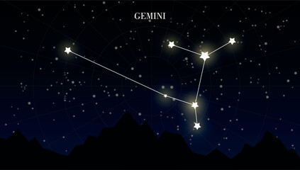Gemini zodiac constellation on a dark night sky background with stars, astrology, astronomy vector design elements © Evelin