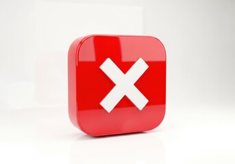 Fototapeta premium Glossy red square icon displaying a white cross symbol is positioned against a bright white background.