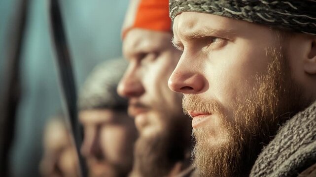 Viking Warriors: A determined band of warriors, adorned in historical attire, stands poised with resolute expressions, embodying the spirit of a bygone era. 