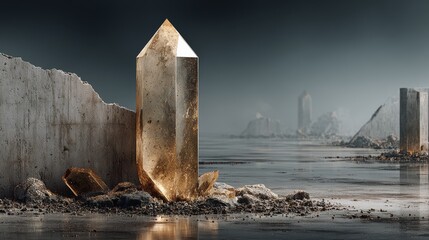 Fototapeta premium Abstract architecture with golden geometric shapes and aged concrete blocks