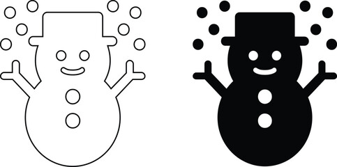 Cute snowman icon set isolated on white background. Winter character with hat snowflakes and buttons shown in outline and solid styles. Flat vector holiday illustration.