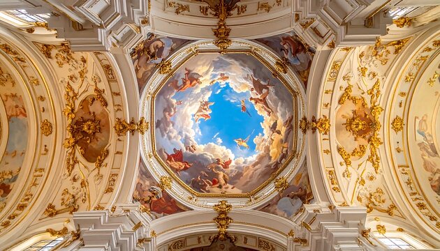 Ornate baroque ceiling decorated with gold details and central fresco painting background