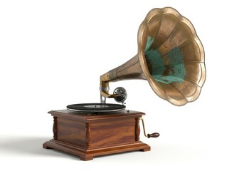 Antique phonograph with a tarnished brass horn sits on a wooden base against a white background