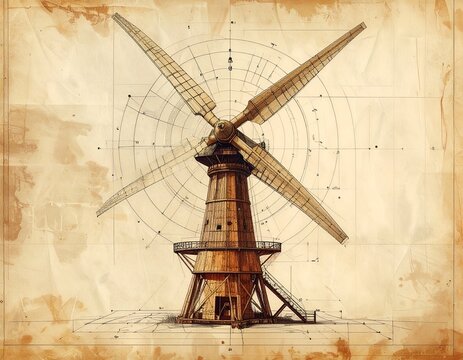 An ancient vintage technical blueprint sketch of a wooden windmill structure drawn on aged parchment paper