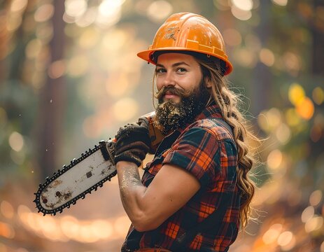 A rugged female lumberjack wearing a hardhat and plaid shirt holding a heavy chainsaw in a dense pine forest