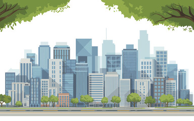 Fototapeta premium City skyline with modern buildings and trees on white background urban landscape