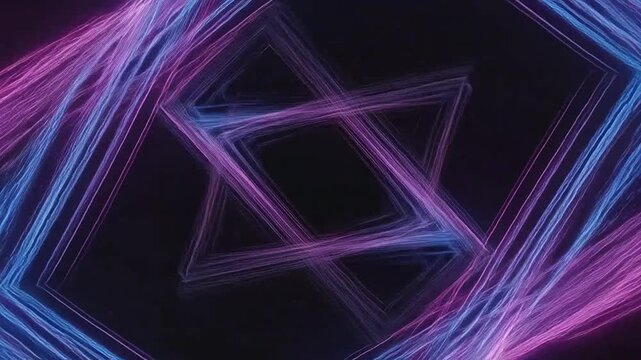 Abstract glowing geometric frame with vibrant neon light effects on a dark background