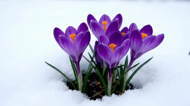 Spring close-up of snow and purple crocuses