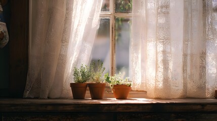 Fototapeta premium Cozy farmhouse kitchen sunlight warmth vintage decor herbs plants window rustic lifestyle photography peaceful home