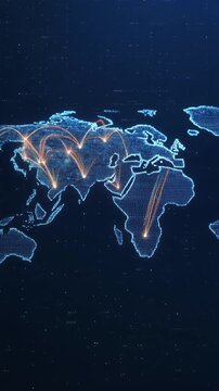 Vibrant glowing dotted digital world map expanding global connection with dynamic orange lines illustrating network spread across continents