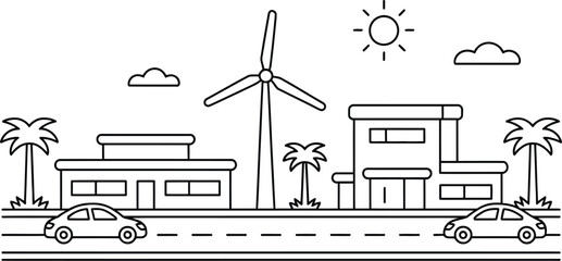 Naklejka premium Coastal Town Street Illustration, Minimal Line Art Eco Friendly City with Wind Turbine and Palm Trees