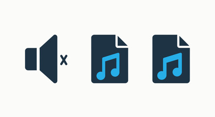 Obraz premium Muted speaker icon next to two music note icons, representing silent mode and audio files, ideal for media interfaces and application design.