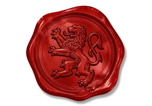Deep red impressed wax seal featuring a stylized rampant lion design isolated on white