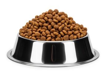 Stainless steel pet food container filled high with dry kibble on a white background