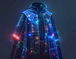 Fototapeta premium Futuristic Cyberpunk Fashion Glowing Neon Blue and Pink Circuit Board Jacket Hoodie Art