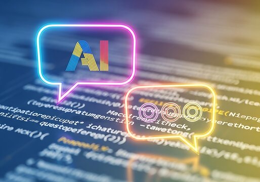 Neon lit coding conversation with colorful chat bubbles and blurred background code